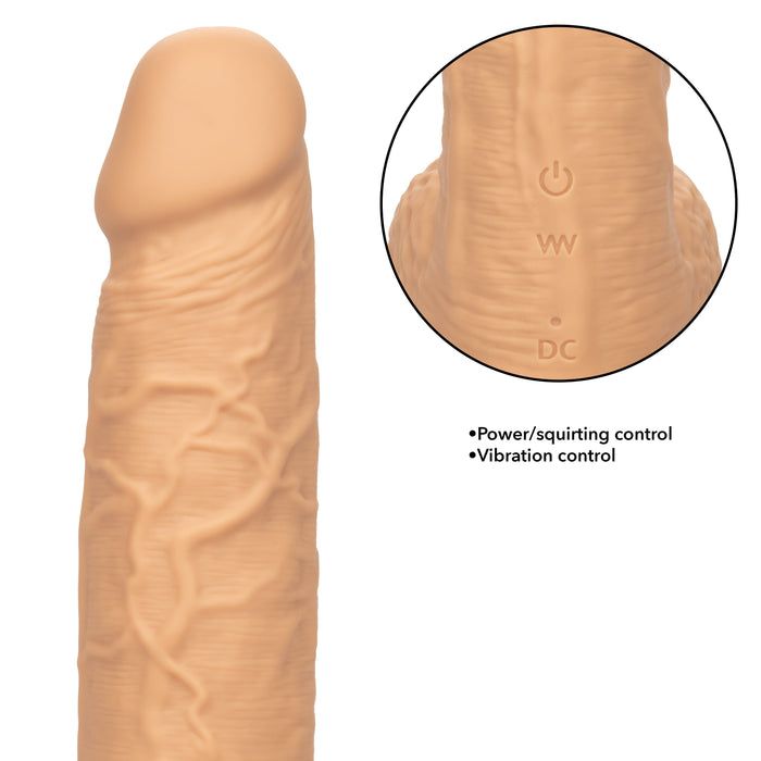 A close-up of the CalExotics Fuck Stick Squirting Vibrating Silicone Suction Cup Dildo in a vanilla skin tone, showcasing its detailed texture with veins. An inset zooms in on the control buttons for power, squirting, and vibration functions. The silicone squirting vibrator is compatible with strap-on harnesses and waterproof. Black text beside the image lists the controls.