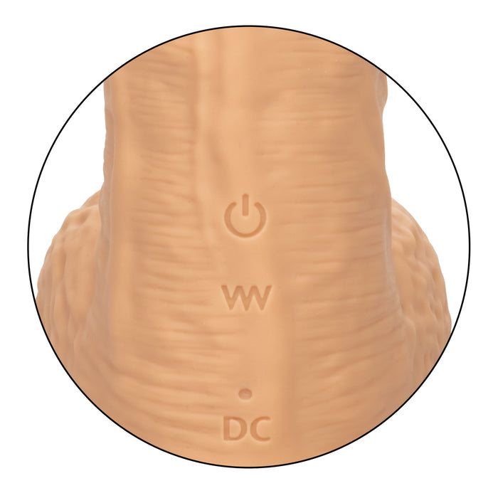 Close-up of the base of a skin-toned Fuck Stick Squirting Vibrating Silicone Suction Cup Dildo - Vanilla by CalExotics, featuring three embossed symbols: a power button, a "W" button, and a "DC" marked port for charging. The image is set within a circular frame.