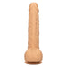 The CalExotics Fuck Stick Squirting Vibrating Silicone Suction Cup Dildo in Vanilla is shown standing upright, featuring a lifelike texture and a suction cup base, and is compatible with strap-on harness use.