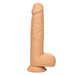 The CalExotics Fuck Stick Squirting Vibrating Silicone Suction Cup Dildo in Vanilla is a realistic dildo designed to resemble a human penis with detailed features. It has a flesh-colored, veiny texture and comes with a suction base for hands-free use. This strap-on harness compatible dildo is set against a white background.