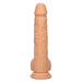 The Fuck Stick Squirting Vibrating Silicone Suction Cup Dildo - Vanilla by CalExotics is a beige, realistic-looking silicone vibrator with textured veining and a pronounced head. It features a suction cup base, power and function buttons on the shaft, and a small port labeled "DC" near the base. This waterproof vibrating dildo is also strap-on harness compatible.