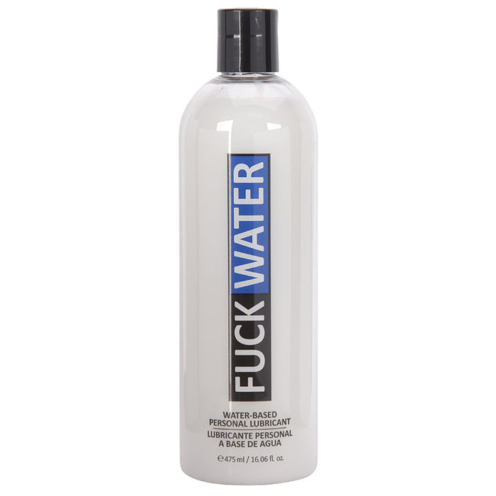 Introducing the "Fuck Water Realistic Cum Lubricant," a water and silicone-based personal lubricant from the brand Fuck Water. This 16 oz bottle is designed for your comfort, featuring a clear plastic container with a black cap and blue and black label, showcasing text in both English and Spanish.