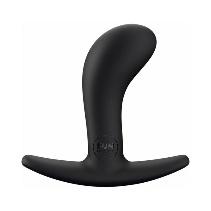 The Fun Factory Bootie Small Silicone Anal & Prostate Plug is a black, T-shaped butt plug with a rounded, curved design. The base is flat and horizontal, providing a stable handle for easy maneuverability. This waterproof anal toy features a smooth, matte finish and is branded with the words "Fun Factory" on the base.