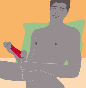 Illustration of a person with closed eyes, sitting on a bed and using the deep blue Fun Factory Manta Vibrating Penis Stroker on their genital area, against a simple background with a green pillow. They appear relaxed and content.