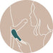 A minimalist illustration of a person holding the Fun Factory Manta Vibrating Penis Stroker - Deep Blue in their hand, pressing it against their underarm. The person is depicted in profile, facing left, with their face and upper body outlined in white against a beige background.