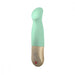 A pistachio and gold thrusting vibrator with a smooth, curved design and a slightly bulbous tip. The handle features three control buttons and a red logo near the base. The Fun Factory Sundaze Thrusting Vibrator boasts pulsing and stroking motions, offering a sleek and modern appearance.