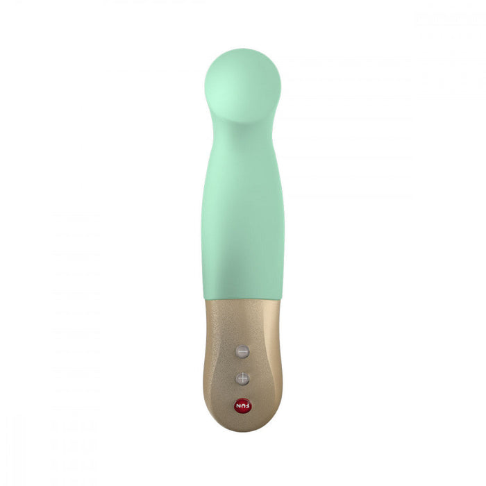 The Fun Factory Sundaze Thrusting Vibrator in pistachio, a wand-shaped personal massager with a round tip and a textured, gold-colored handle featuring three control buttons, delivers pulsing and stroking motions.