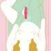 Illustration of a person with long hair lying on their back, using the Fun Factory Sundaze Thrusting Vibrator - Pistachio on their lower abdomen. The person is covered with a green blanket from the waist down. The background consists of soft pastel colors, evoking a sense of calm as the device offers pulsing and stroking motions.