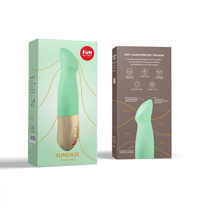 Two product boxes of the Fun Factory Sundaze Thrusting Vibrator - Pistachio, a green and beige sexual wellness device featuring thrusting motions. The front box displays the product image and brand name, while the back lists features and details. Both boxes stand against a plain white background.