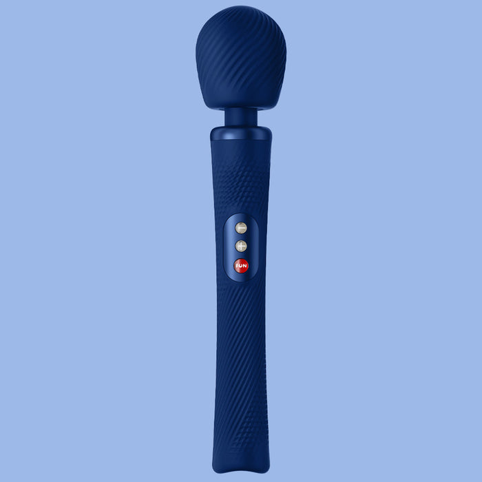 The Fun Factory Vim Silicone Weighted Rumbly Wand Vibrator in blue offers a handheld massager experience with a rounded, textured head and a ribbed handle. It includes a control panel with four buttons: three for customizable settings and one for power. Enjoy deep-reaching vibrations from this powerful wand against its light blue background.