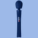 The Fun Factory Vim Silicone Weighted Rumbly Wand Vibrator in blue offers a handheld massager experience with a rounded, textured head and a ribbed handle. It includes a control panel with four buttons: three for customizable settings and one for power. Enjoy deep-reaching vibrations from this powerful wand against its light blue background.