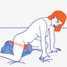 A minimalist drawing shows a person on hands and knees with their head down, their hips elevated with support from the Fun Factory Vim Silicone Weighted Rumbly Wand Vibrator in blue. The image uses simple lines and predominantly blue and orange colors, with the person's hair depicted in bright orange, subtly suggesting deep vibrations of emotion.