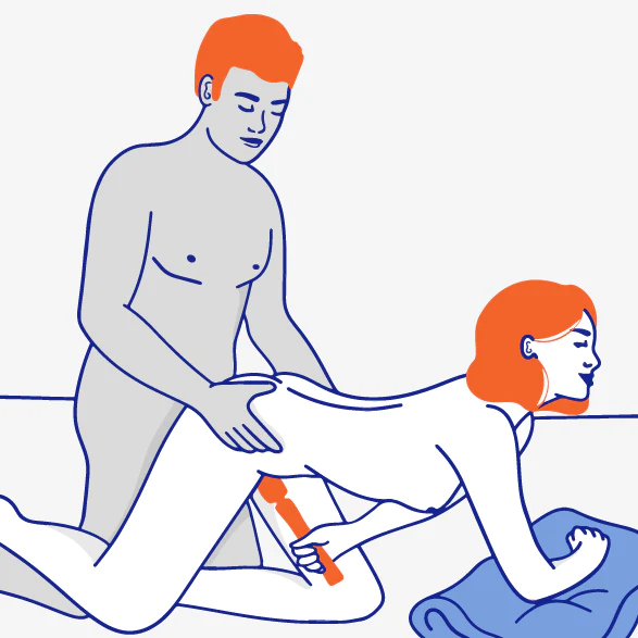 Illustration of two nude figures. The person on the left is touching the hips of the person on the right, who is kneeling and using a Fun Factory Vim Silicone Weighted Rumbly Wand Vibrator - Blue. The right person has their head resting on a pillow. The colors used are white, blue, and orange.