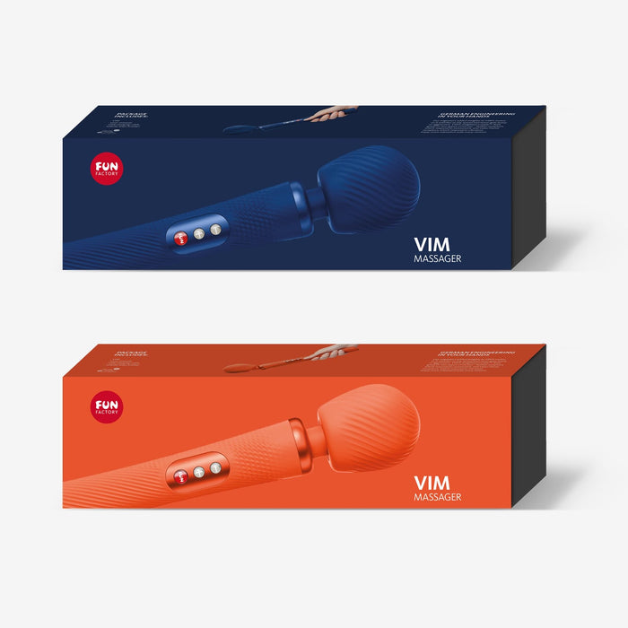 Two packages of the Fun Factory Vim Silicone Weighted Rumbly Wand Vibrator are displayed. One package contains a blue wand with a silicone handle and massager, while the other contains an orange wand with matching features. The powerful wands have buttons on their handles, providing deep vibrations for ultimate relaxation. The Fun Factory logo is prominently featured on the top left of each box.