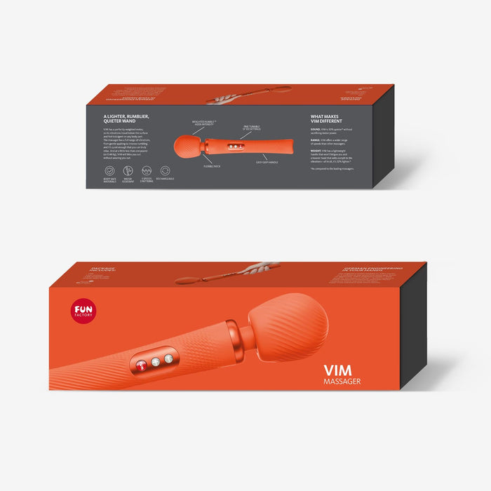 The two rectangular boxes for the Fun Factory Vim Silicone Weighted Rumbly Wand Vibrator - Orange are predominantly red and black, featuring images of the orange massager with a ribbed texture, buttons, and a silicone handle. The brand Fun Factory and product information are printed on the packaging, highlighting its deep vibrations.