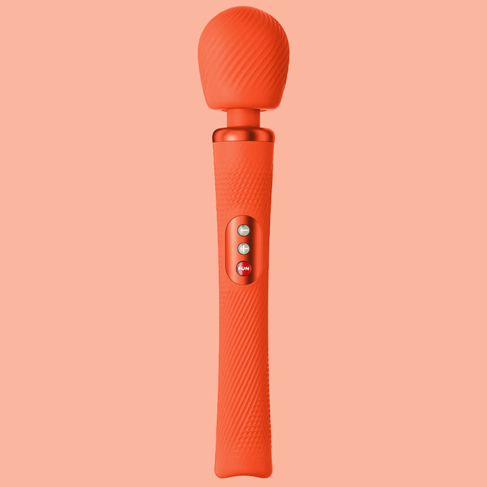 The Fun Factory Vim Silicone Weighted Rumbly Wand Vibrator, in a vibrant orange shade, features a textured surface and deep-reaching vibrations. It sports a rounded head and an ergonomic silicone handle with three control buttons centrally positioned. The backdrop is a coordinating orange color.