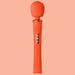 The Fun Factory Vim Silicone Weighted Rumbly Wand Vibrator, in a vibrant orange shade, features a textured surface and deep-reaching vibrations. It sports a rounded head and an ergonomic silicone handle with three control buttons centrally positioned. The backdrop is a coordinating orange color.