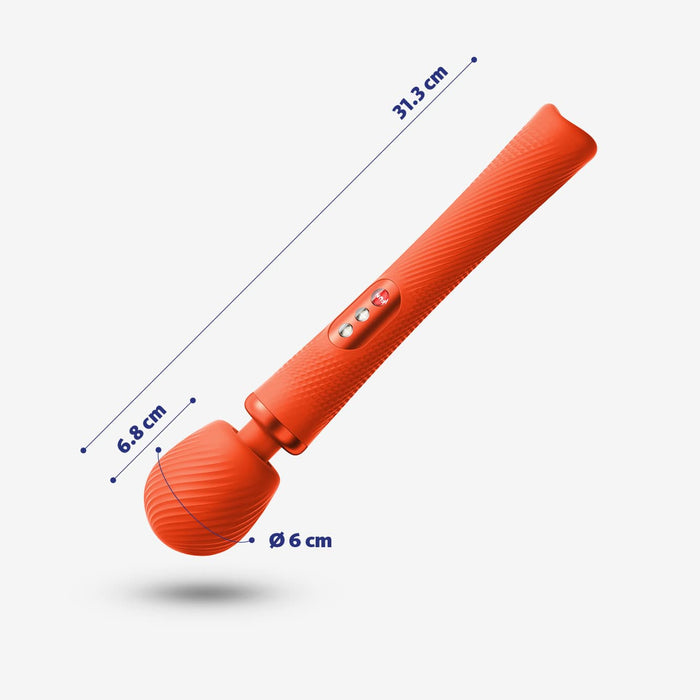 An orange Fun Factory Vim Silicone Weighted Rumbly Wand Vibrator is shown, featuring a textured silicone grip, cylindrical body, and rounded head. The dimensions are: 31.3 cm in length, 6.8 cm handle circumference, and 6 cm head diameter. The wand includes three buttons on the handle.