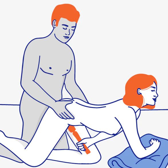 An illustrated image depicts a person on all fours, utilizing the Fun Factory Vim Silicone Weighted Rumbly Wand Vibrator - Orange on themselves, while another individual kneels behind and seems to be providing additional stimulation. The scene is intimate, with the two figures engaged in sexual activities.