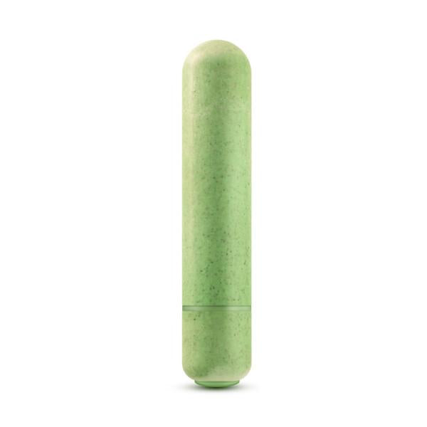 A small, green, cylindrical object with rounded ends and a slightly grainy texture against a white background. This capsule-shaped item could be the Gaia Biodegradable, Recyclable Eco Bullet Vibrator by Blush.