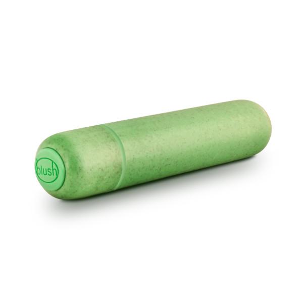 A close-up of a small, green, cylindrical object lying on its side. It has a smooth surface with a slightly rounded end and a flat base. The word "Blush" is printed on the flat base, identifying it as the Gaia Biodegradable, Recyclable Eco Bullet Vibrator designed for sustainability.