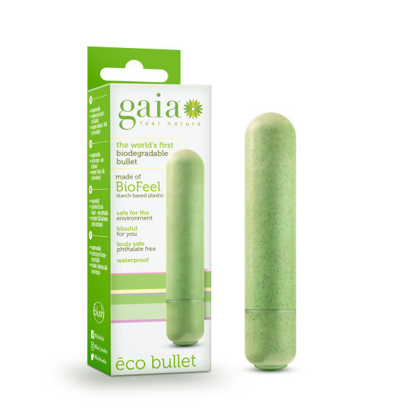 Image of the Gaia Biodegradable, Recyclable Eco Bullet Vibrator by Blush, a light green biodegradable vibrator. It stands upright beside its packaging, which highlights its eco-friendly features such as BioFeel starch-based plastic, phthalate-free composition, and waterproof design.