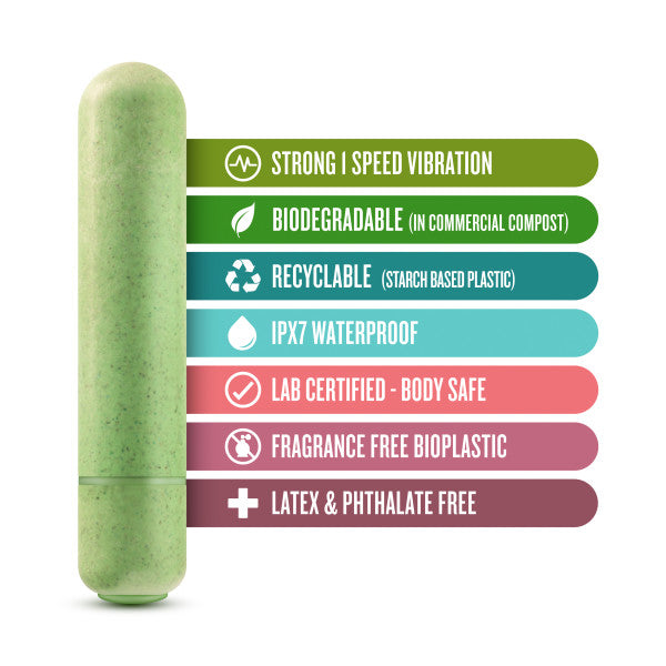 The Gaia Biodegradable, Recyclable Eco Bullet Vibrator by Blush in green is showcased beside a list of features: strong speed vibration, biodegradable (in commercial compost), recyclable (starch-based plastic), IPX7 waterproof, lab certified - body safe, fragrance-free bioplastic, and latex & phthalate free.