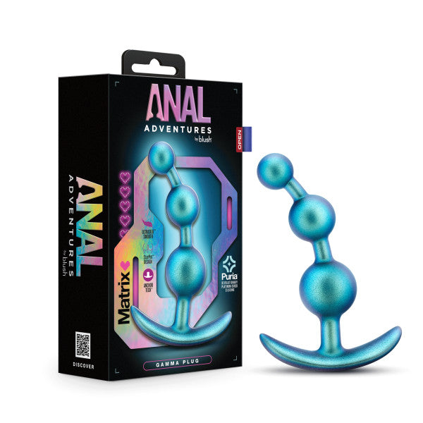 The image displays a boxed product labeled "Gamma Silicone Anal Beads & Butt Plug" from the brand Blush, alongside the actual silicone anal toy. This blue plug features four spherical sections and a curved handle, designed to enhance prostate pleasure. The packaging is adorned with vibrant, holographic designs.