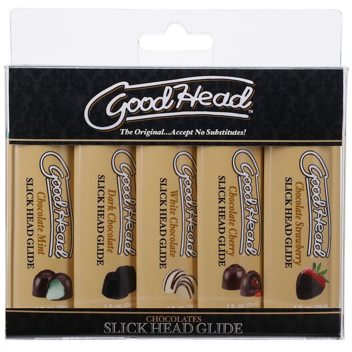 GoodHead Slick Head Assorted Chocolate Flavored Lubricants 5 pk in packaging