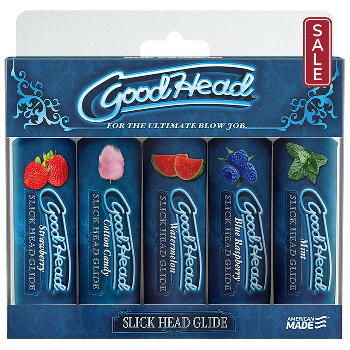 Assorted flavors of Doc Johnson's GoodHead Slick Head Flavored Glide Lubricant 5 pack 1 oz products displayed in packaging with a decorative design, highlighting the product's intended use for enhancing oral pleasure.