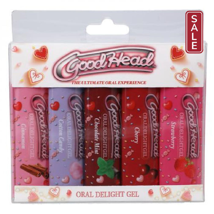 A package of "Goodhead Ultimate Oral Delight Gel Collection - Pack of 6 Flavors for Oral Sex," flavored lubricant with various flavors by Doc Johnson.