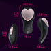 Image showcasing three different angles of the Blush Heartbeat Panty Vibrator with Remote Control, featuring a black and pink design with heart-shaped details, crafted from hypoallergenic silicone. The dimensions are indicated as follows: Lengths - 3.5 inches, 2.5 inches, 1.5 inches; Widths - 1.5 inches, 1.75 inches, 0.75 inches, 1 inch, and 1.5 inches.
