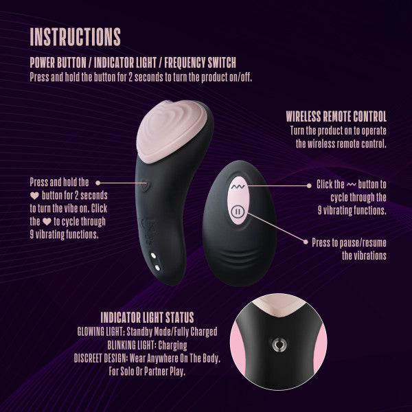 A set of instructions for the Heartbeat Panty Vibrator with Remote Control by Blush, highlighting the power button, wireless remote control, and indicator light status. The arrows and icons demonstrate button actions for cycling through 9 powerful vibrating functions and checking the device's charge and usage status.