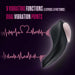 A black, ergonomically-shaped Heartbeat Panty Vibrator with Remote Control by Blush is displayed against a dark background with pink heartbeats. The text reads: "9 Vibrating Functions (3 Speeds, 6 Patterns)" and "Dual Vibration Points." Made of platinum-cured silicone, the device features a smooth, curved design with a light-colored tip.