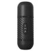 The Heating Ass Thruster Remote Control Silicone Vibrator by Pipedream Products is a sleek, black, cylindrical device featuring two control buttons in the center—one with a wave symbol and the other with a flame symbol. The midsection boasts a textured, diagonal stripe design for grip, while the ends are smooth. This warming vibrator offers vibrating and thrusting modes for versatile pleasure.