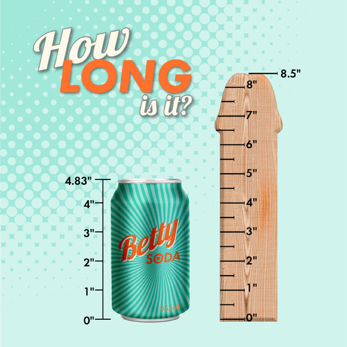 An image shows a soda can labeled "Betty Soda" measured to be 4.83 inches tall next to a wooden ruler shaped like a phallus, marked with measurements up to 8.5 inches and resembling the size of the Hell Wolf Thrusting & Vibrating Silicone Werewolf Dildo with Remote from XR Brands. The text at the top reads "How LONG is it?