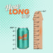 An image shows a soda can labeled "Betty Soda" measured to be 4.83 inches tall next to a wooden ruler shaped like a phallus, marked with measurements up to 8.5 inches and resembling the size of the Hell Wolf Thrusting & Vibrating Silicone Werewolf Dildo with Remote from XR Brands. The text at the top reads "How LONG is it?