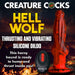 Introducing the XR Brands Hell Wolf Thrusting & Vibrating Silicone Werewolf Dildo with Remote: This red and black wolf-headed pleasure device, complete with a remote control featuring four red buttons, now comes with a hands-free suction cup for ultimate convenience.