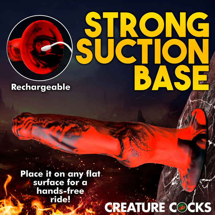 A striking image features the Hell Wolf Thrusting & Vibrating Silicone Werewolf Dildo with Remote from XR Brands, standing out against a fiery backdrop. The red and black textured toy showcases its strong suction base, accompanied by text that reads: "STRONG SUCTION BASE," "Rechargeable," and "Place it on any flat surface for a hands-free ride!" The product name, "HELL WOLF DILDO," is proudly displayed at the bottom.