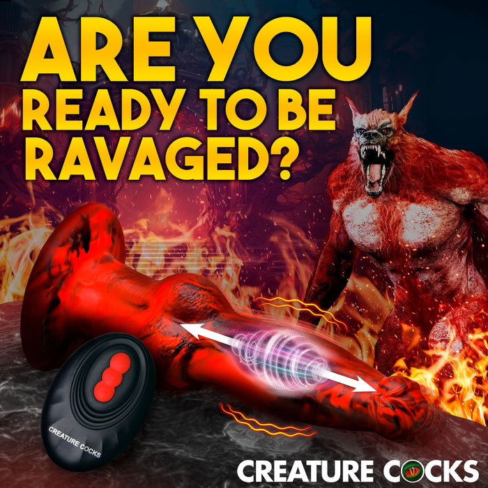 A promotional image features a red and black, Hell Wolf Thrusting & Vibrating Silicone Werewolf Dildo with Remote from XR Brands placed on a rocky surface with flames in the background. Next to the remote control sex toy is a muscular, red-skinned demon with horns standing to the right. Text reads, "ARE YOU READY TO BE RAVAGED?