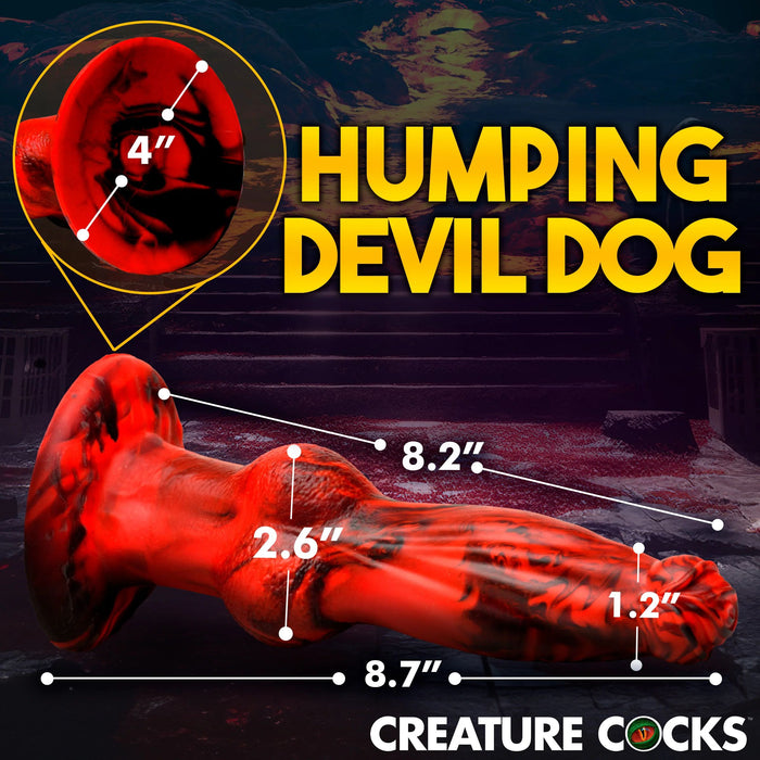 A promotional image for the "Hell Wolf Thrusting & Vibrating Silicone Werewolf Dildo with Remote" from XR Brands, featuring a red, fantasy-themed design. With measurements like 8.7" total length, 8.2" insertable length, 4" diameter at the widest point, 2.6" mid-shaft diameter, and a 1.2" tip diameter, it's perfect for fulfilling your werewolf fantasies.
