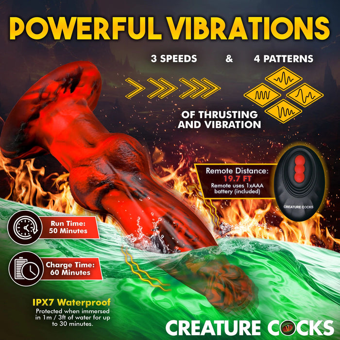 An advertisement for the "Hell Wolf Thrusting & Vibrating Silicone Werewolf Dildo with Remote" by XR Brands. The image features a red, tentacle-shaped vibrator submerged in water. Key features include 3 speeds, 4 vibration patterns, a remote control with a 19.7 ft range, 60-minute usage time, and an IPX7 waterproof rating—perfect for unleashing your werewolf fantasies!