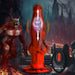 To the left, a red, monstrous creature with fur, sharp claws, and an open mouth stands ominously. On the right, positioned on a dark base, is the XR Brands Hell Wolf Thrusting & Vibrating Silicone Werewolf Dildo with Remote. Arrows and spirals indicate its dynamic movement. In the background, a dark, castle-like structure looms mysteriously.