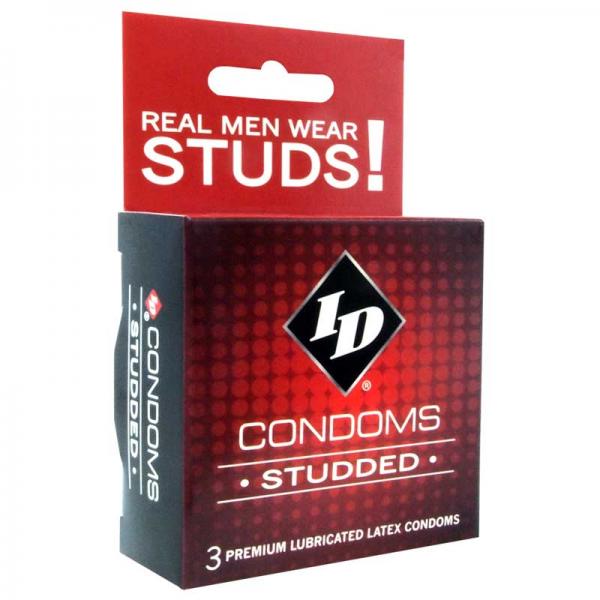 A red and black box of ID Studded Condom 3 Pack Latex Condoms, labeled "Real men wear studs!" The box also reads, "Natural clear latex condoms with ultra smooth lubricant," and contains "3 premium lubricated studded condoms from ID Lubricants.