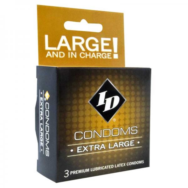 A box of "Id Extra Large Condom (3)" in black and yellow packaging features the bold text "LARGE AND IN CHARGE" at the top. Inside, you'll find three premium latex condoms with ultra smooth lubricant. The ID Lubricants brand logo is prominently displayed in the center of the packaging.