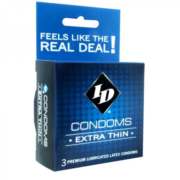 Blue and black box of ID Lubricants Id Extra Thin Condom (3) labeled "Extra Thin." The package features the slogan "FEELS LIKE THE REAL DEAL!" and includes three premium lubricated latex condoms with ultra smooth lubricant.