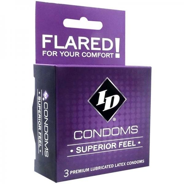 A purple box of ID Lubricants Id Superior Feel Condom (3) with the text "FLARED FOR COMFORT!" and "Superior Feel". The box contains 3 premium natural latex condoms with an ultra smooth lubricant.