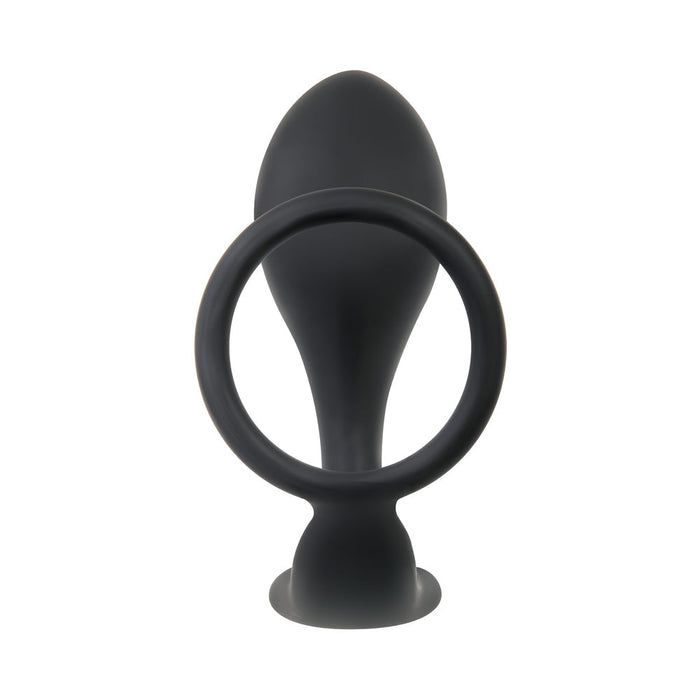 The Intro To Prostate Kit 4 Piece Silicone - Black by Evolved Novelties is a black, silicone vibrating prostate massager with a smooth, tapered tip for easy insertion. The base includes a large, circular ring for easier handling and safety during usage. The overall design emphasizes comfort and ease of removal, making it perfect for prostate play.