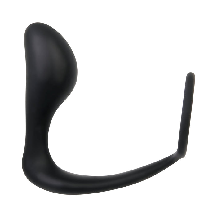 Image of the Evolved Novelties Intro To Prostate Kit 4 Piece Silicone - Black, showcasing an ergonomic handheld object with a curved, elongated design and smooth surface. The item features two prongs of different lengths, one thicker and bulbous, the other thinner and straight. The overall shape emphasizes a design intended for ease of use and comfort in prostate play.