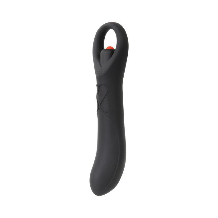 Image of the "Intro To Prostate Kit 4 Piece Silicone - Black" by Evolved Novelties, an ergonomically designed vibrating prostate massager with a curved shaft and a looped handle at the top. The handle has a red accent, and the toy features a sleek, smooth surface with a slight contour for enhanced functionality. Perfect for prostate play.